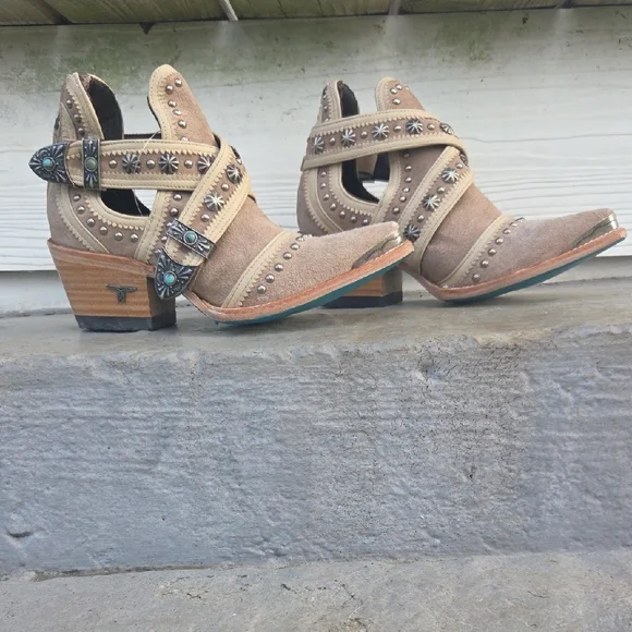 Lane Boots Tan Studded Leather Ankle Booties - Turquoise Soles - Picture 5 of 11